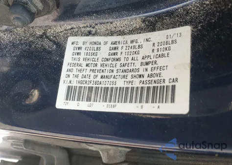 2013 Honda Accord Lx из США, поврежденный, VIN 1HGCR2F38DA107055